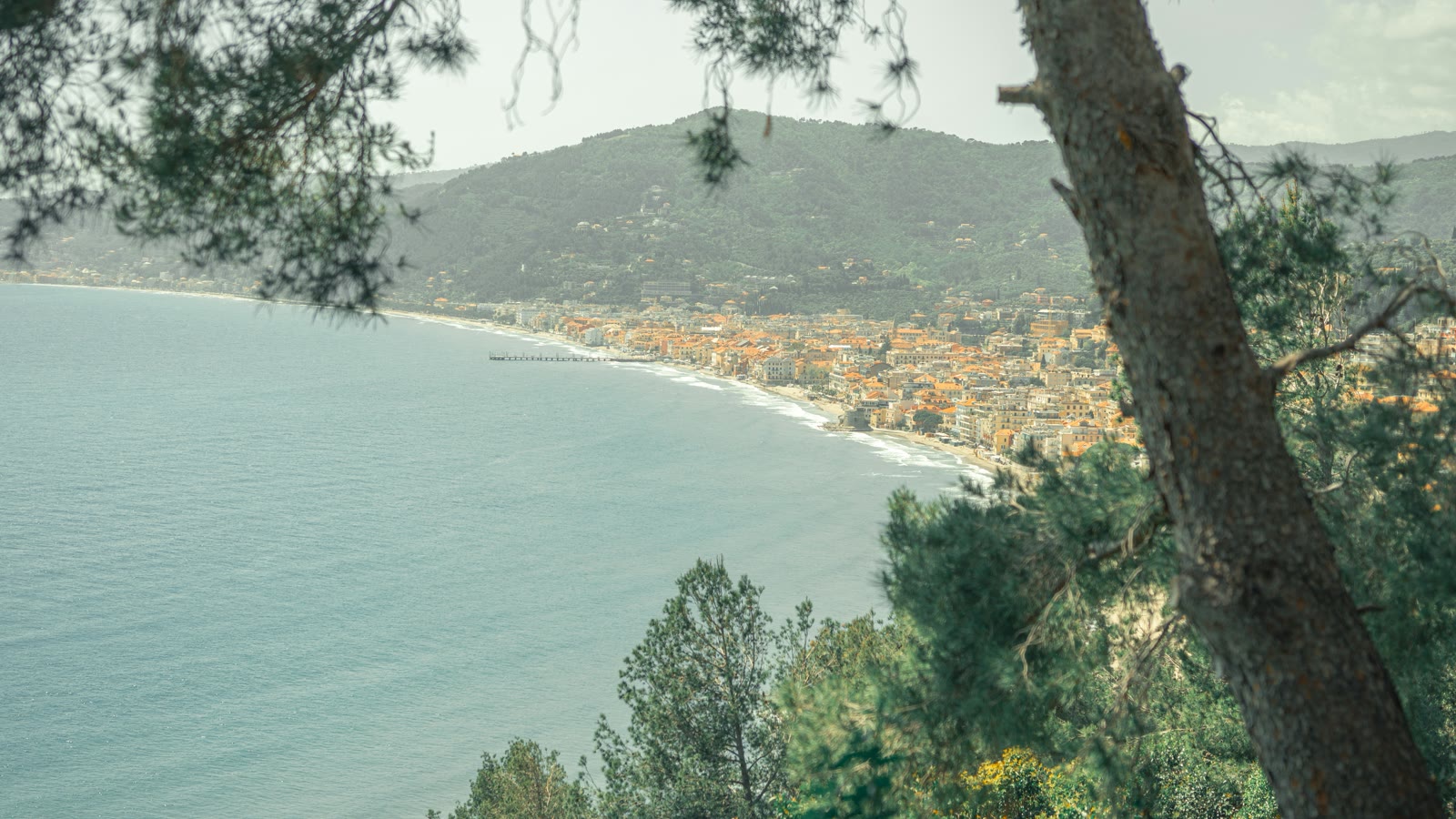Panoramic view of Alassio beach and the Ligurian coast from the hillside, Italy