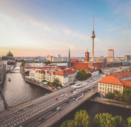 Berlin city skyline with modern and historic buildings near the Spree river, Germany