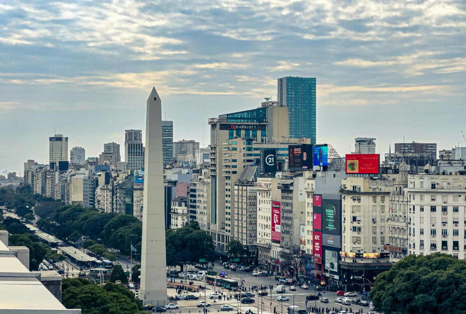 View of Buenos Aires skyline with Obelisk monument on Avenida 9 de Julio, Argentina
