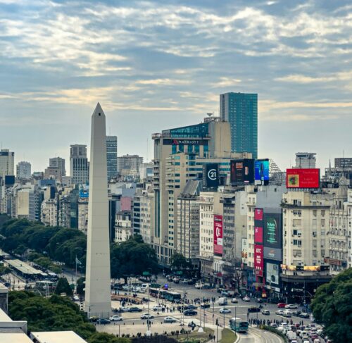 View of Buenos Aires skyline with Obelisk monument on Avenida 9 de Julio, Argentina