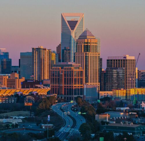 Charlotte North Carolina skyline at sunset with city panorama and urban skyline