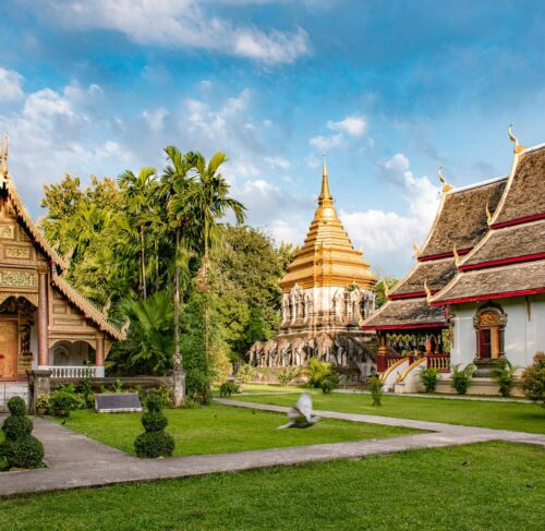 Wat Chedi Luang temple and palm trees in Chiang Mai Thailand on a sunny day