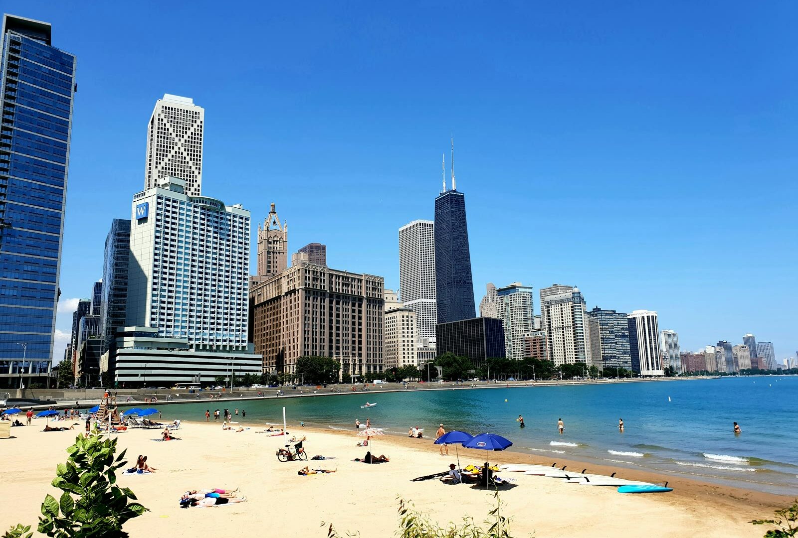Lakeshore skyline of Chicago with skyscrapers along Lake Michigan shoreline, Illinois