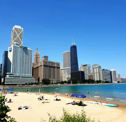 Lakeshore skyline of Chicago with skyscrapers along Lake Michigan shoreline, Illinois