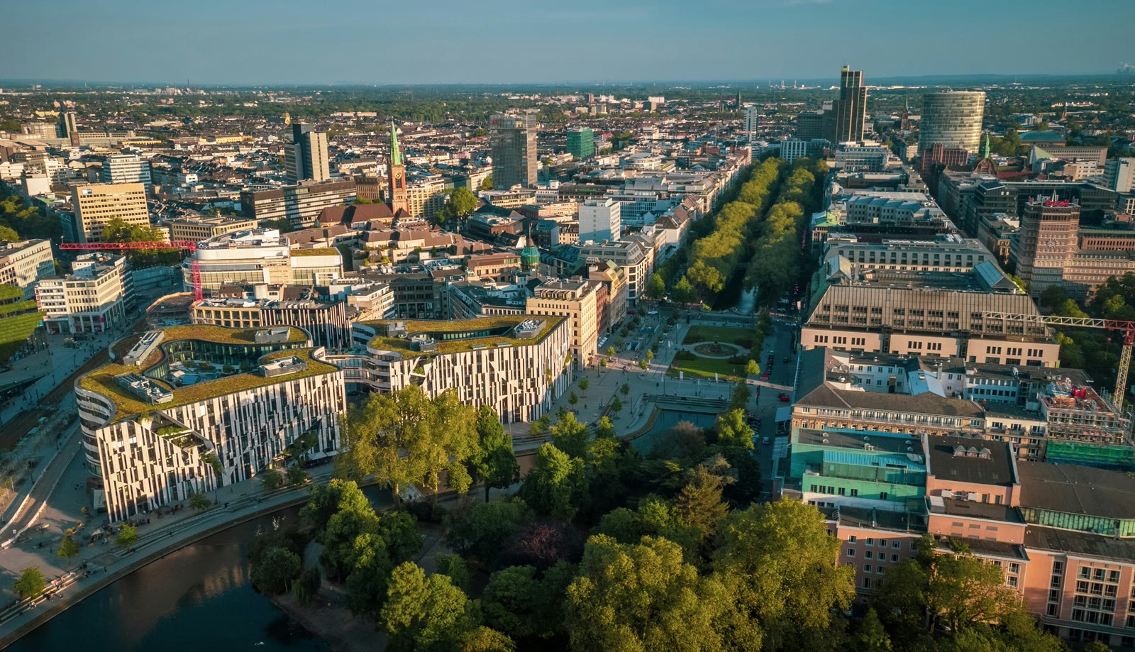 Aerial view of Dusseldorf Germany skyline along the Rhine River with modern buildings and bridges, North Rhine-Westphalia