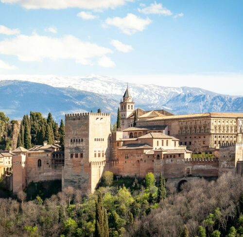 Aerial view of the Alhambra fortress and castle in Granada Spain