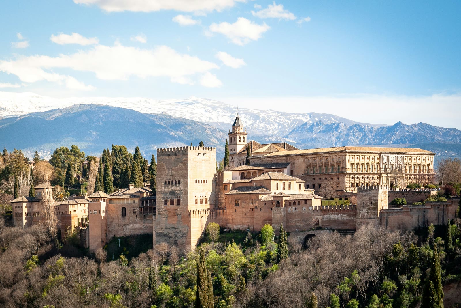 Aerial view of the Alhambra fortress and castle in Granada Spain