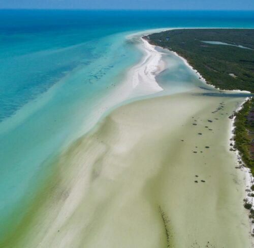 Aerial view of Holbox island beach and turquoise Caribbean waters, Quintana Roo