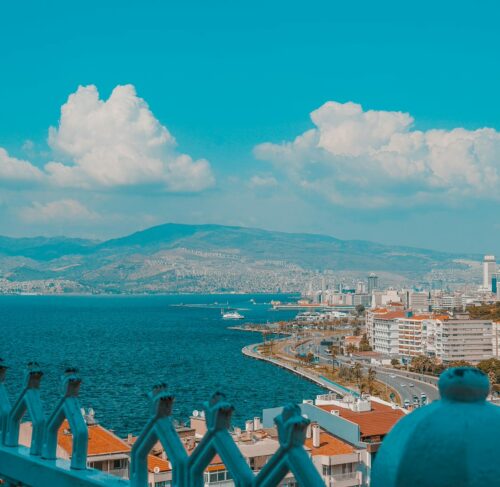 Izmir Bay waterfront skyline with modern buildings and sea view in Turkey