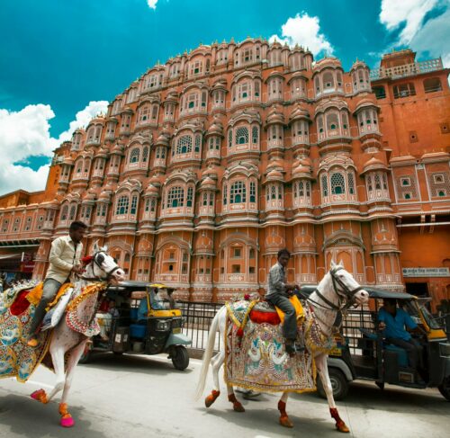Hawa Mahal palace facade with traditional Rajasthani architecture in Jaipur India