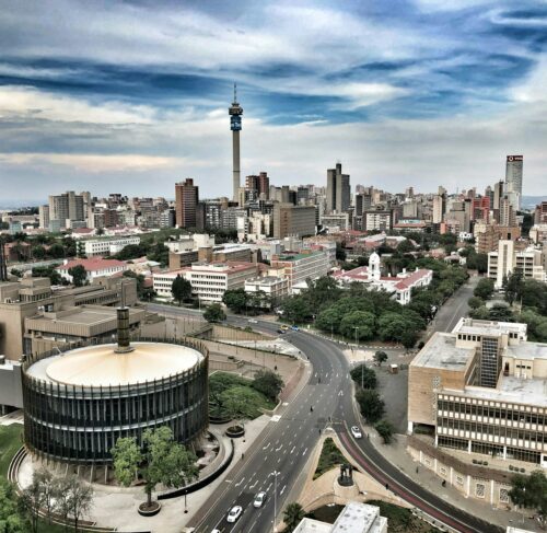 Aerial view of Johannesburg city skyline in South Africa during daytime