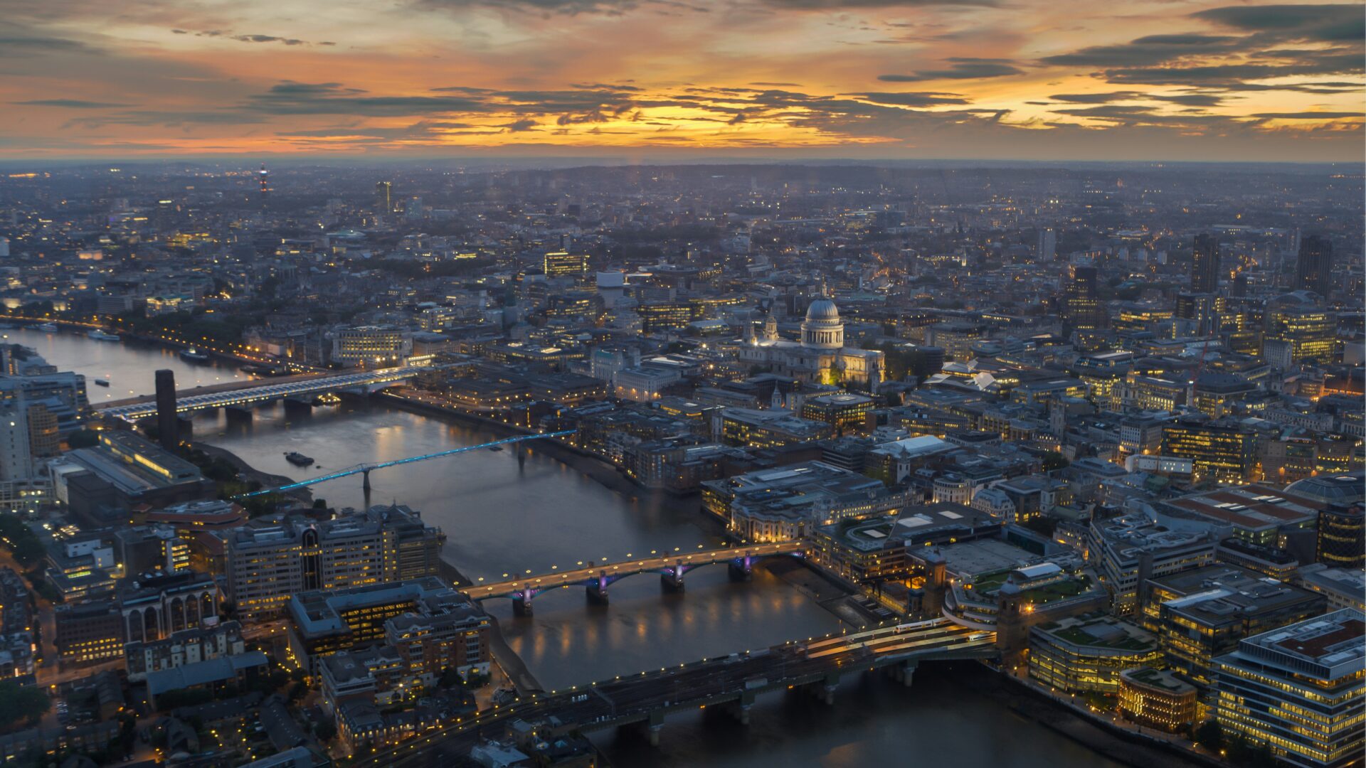 Aerial photography of London cityscape with River Thames