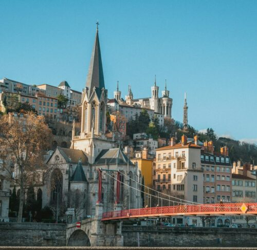 Aerial view of Lyon France with the Saone River and cityscape
