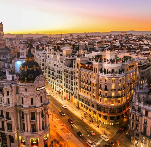 Aerial photography of Madrid city center with Gran Via and historic buildings, Spain