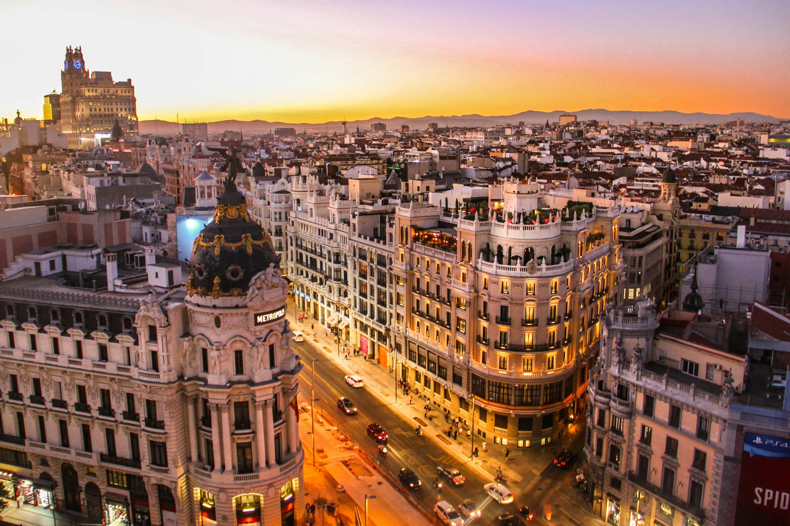 Aerial photography of Madrid city center with Gran Via and historic buildings, Spain