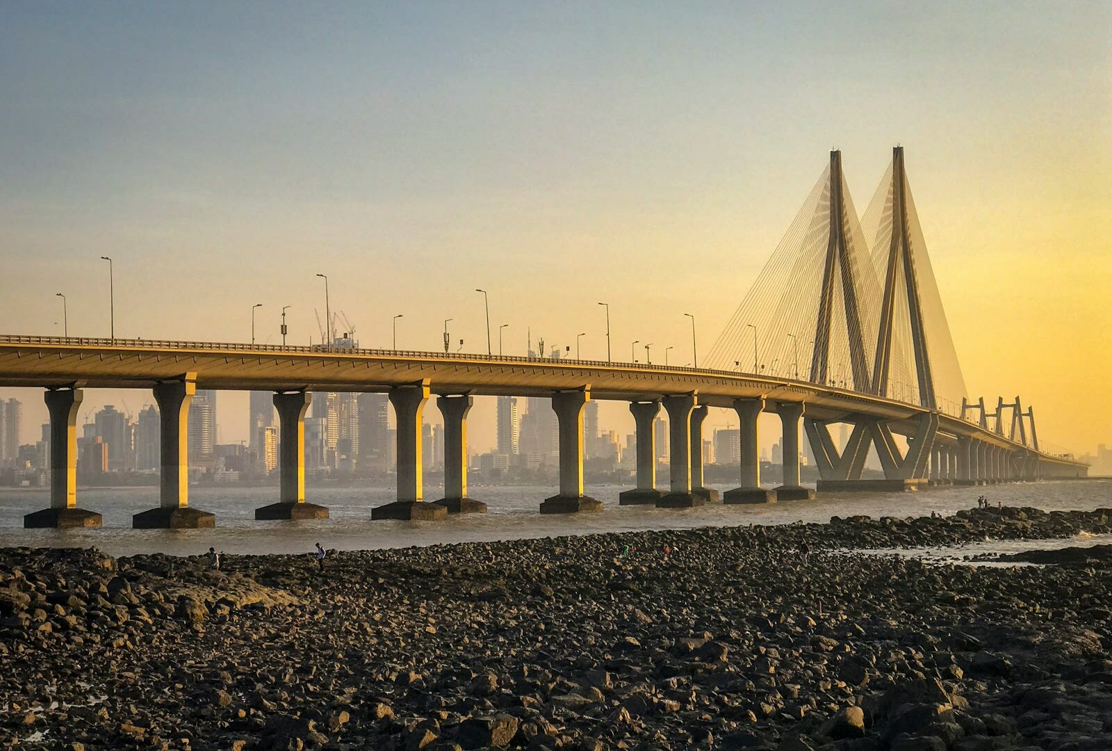 Bandra Worli Sea Link bridge in Mumbai during golden hour sunset