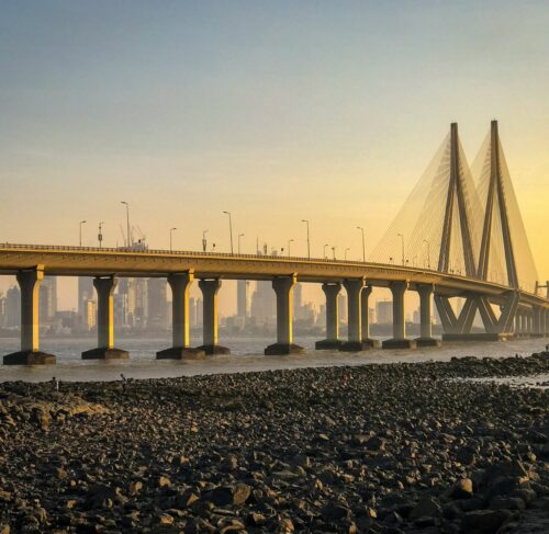 Bandra Worli Sea Link bridge in Mumbai during golden hour sunset