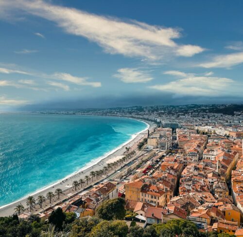 Aerial view of Nice France showing city coastline and Mediterranean Sea