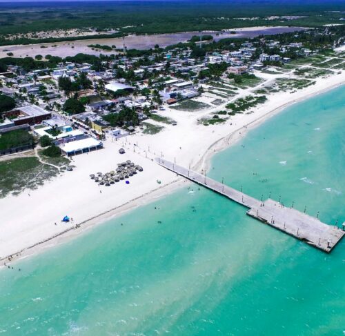 Aerial view of Sisal coastline and historic port town, Yucatán