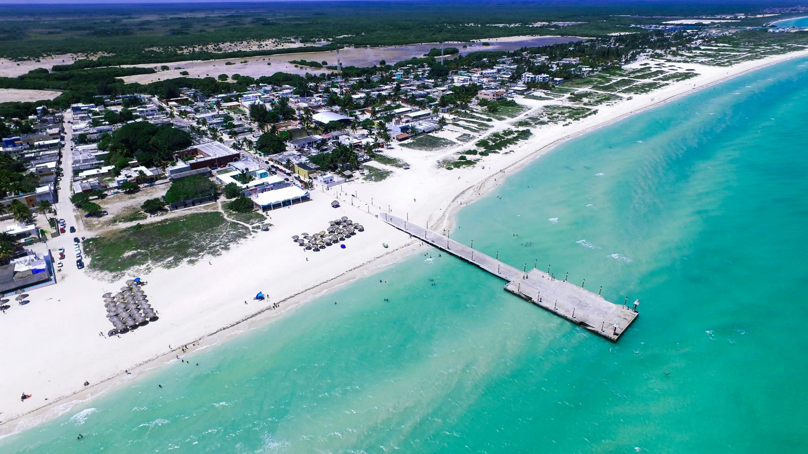 Aerial view of Sisal coastline and historic port town, Yucatán