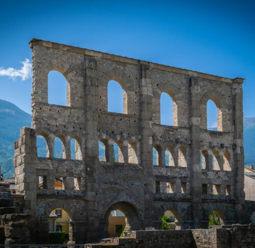 Historic building with many windows in Aosta, Valle d'Aosta, Italy