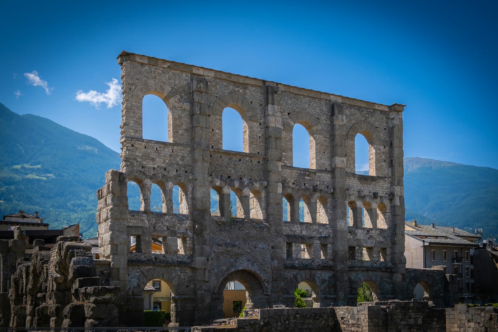 Historic building with many windows in Aosta, Valle d'Aosta, Italy