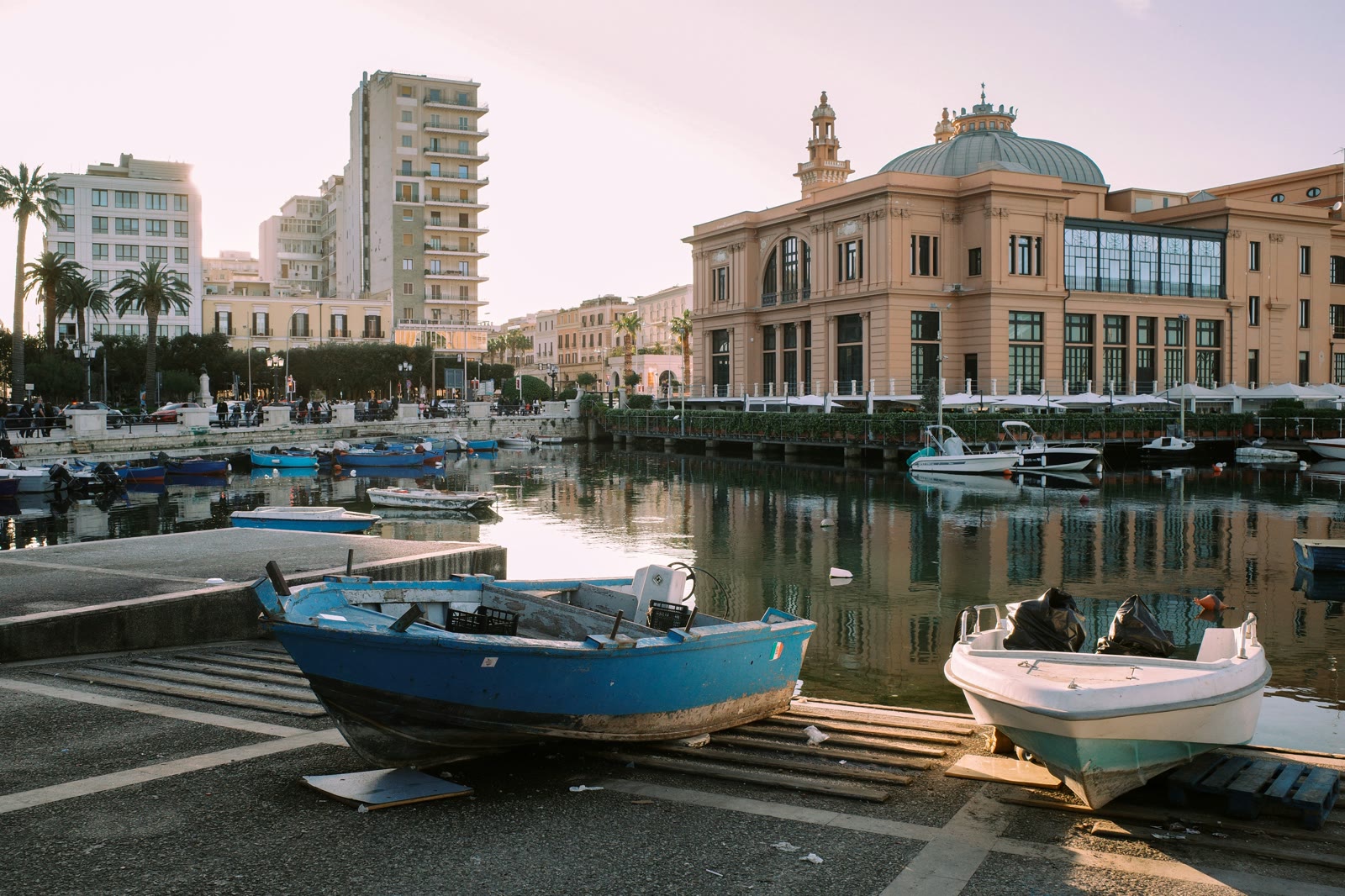 Fishing boats docked at the old harbor of Bari, Apulia, Italy