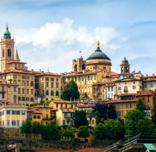 View of Bergamo Citta Alta from across the river, Lombardy, Italy