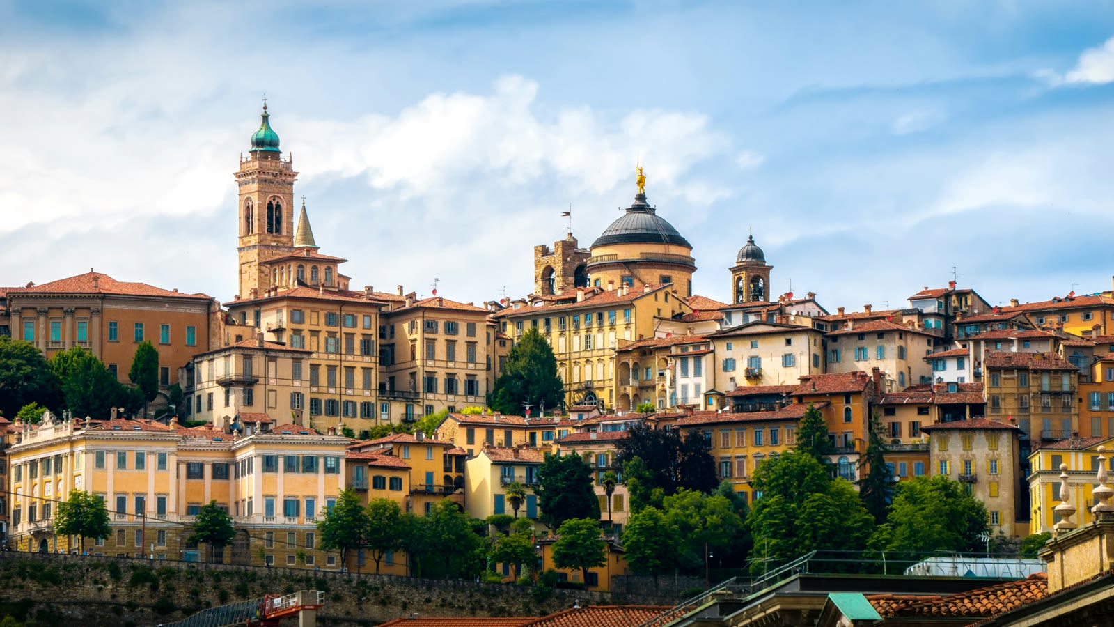 View of Bergamo Citta Alta from across the river, Lombardy, Italy