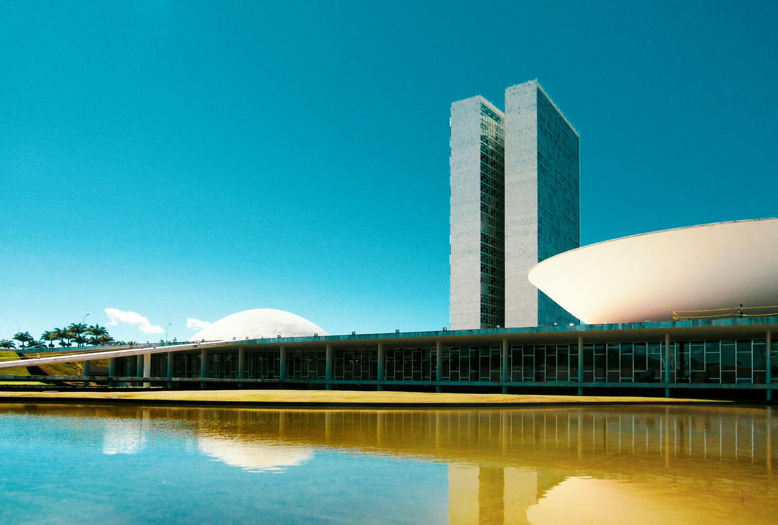 White concrete National Congress building and Esplanada dos Ministerios in Brasilia, Distrito Federal, Brazil