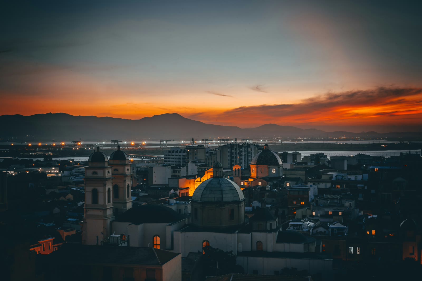 Domed buildings in Cagliari during golden hour, Sardinia, Italy