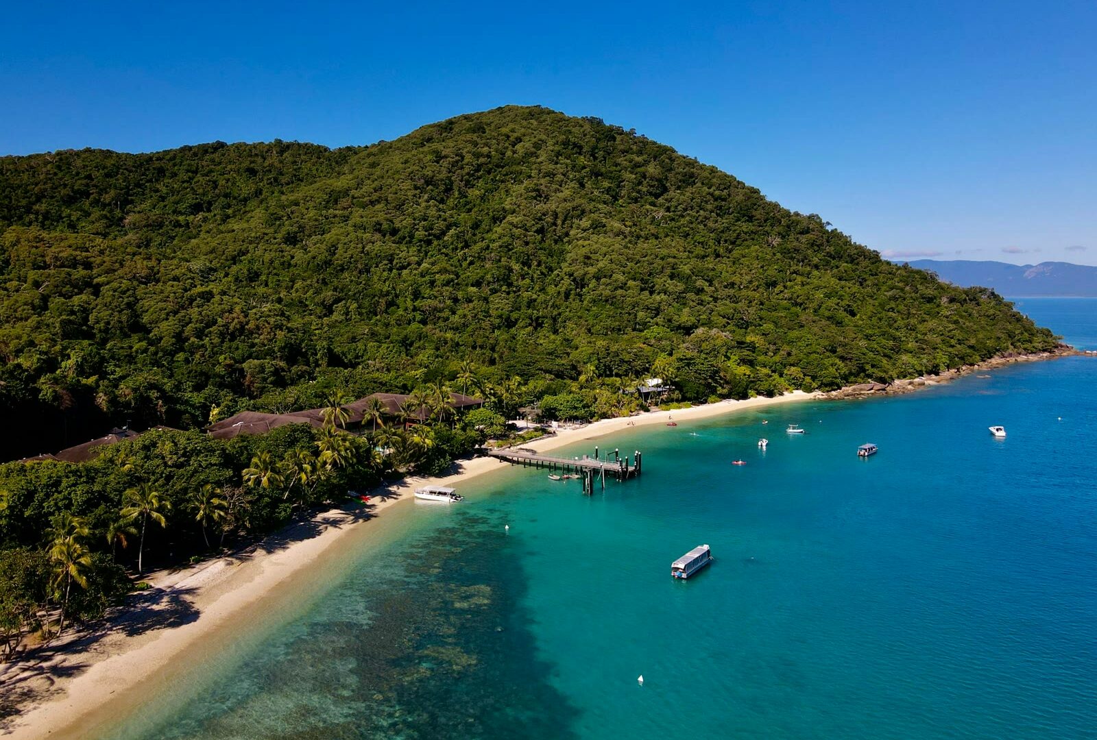Aerial view of a tropical island with boats, Cairns, Queensland, Australia