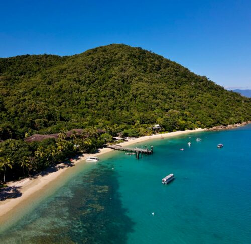 Aerial view of a tropical island with boats, Cairns, Queensland, Australia
