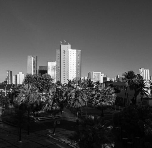 Black and white cityscape of Fortaleza buildings, Ceara, Brazil