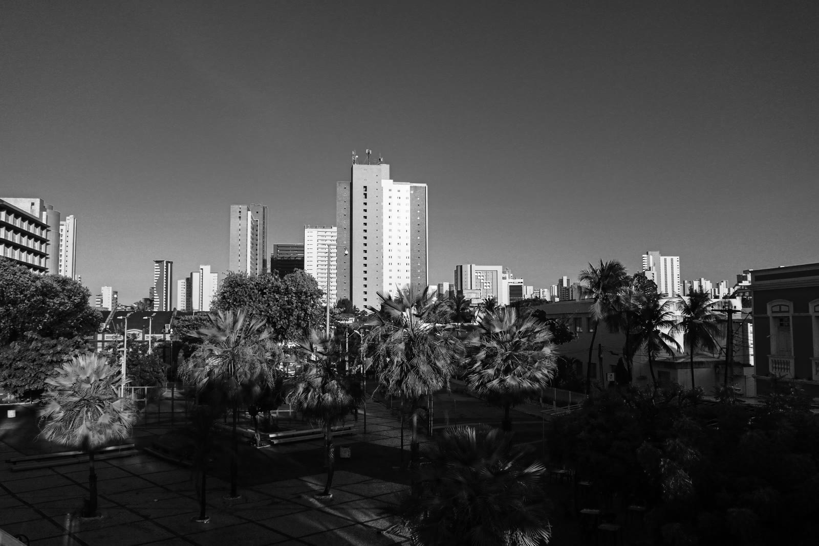 Black and white cityscape of Fortaleza buildings, Ceara, Brazil