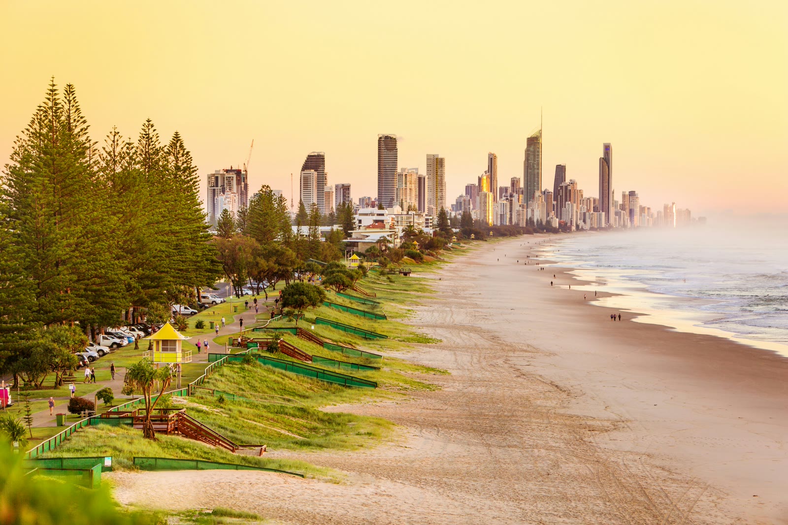 Surfers Paradise beach with people and Gold Coast skyline in background, Queensland, Australia