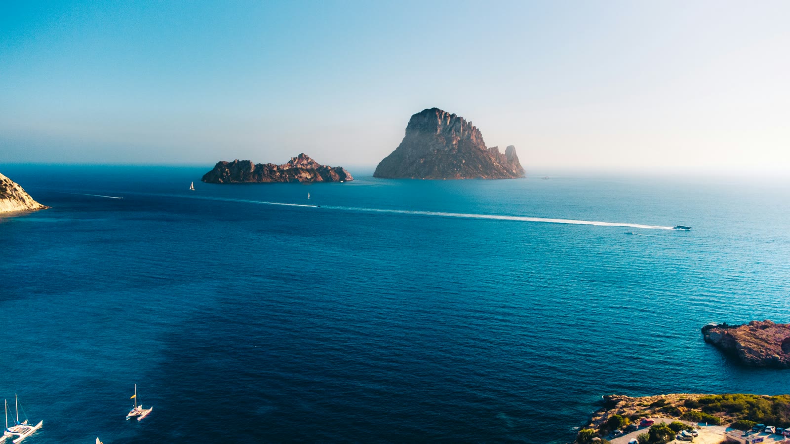 Aerial view of Ibiza islands and turquoise Mediterranean Sea, Balearic Islands, Spain
