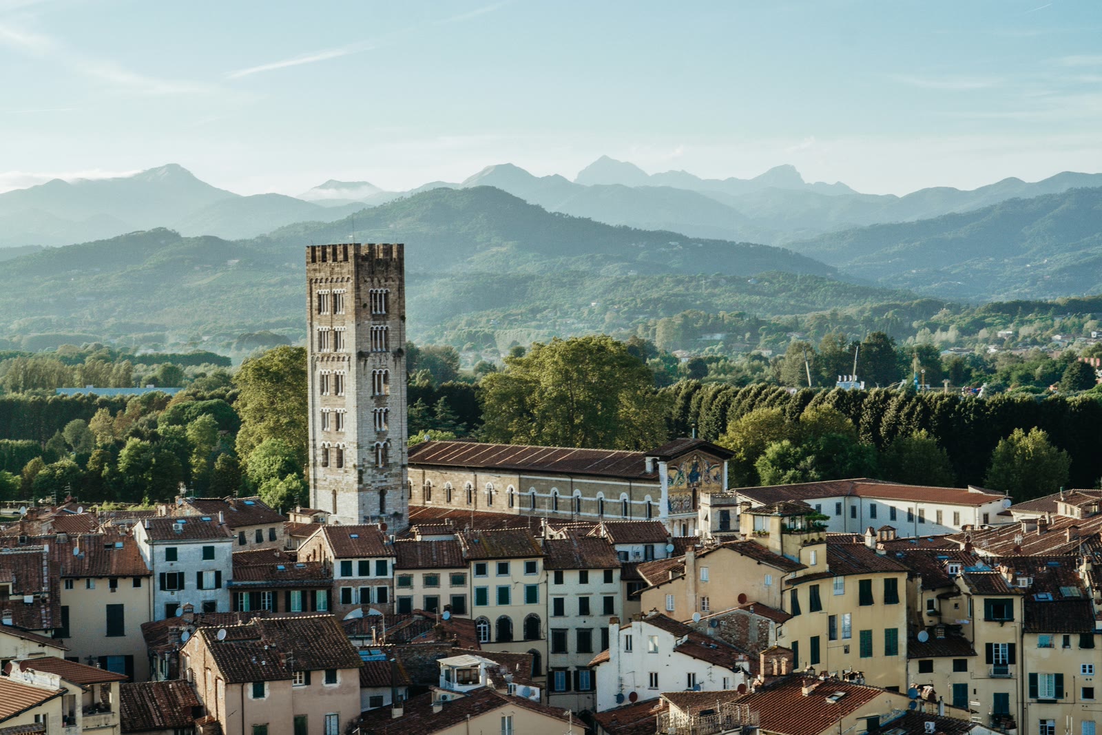 View of Lucca city with mountains in the background, Tuscany, Italy