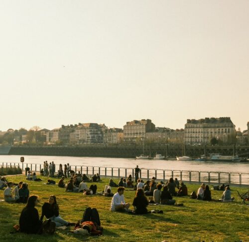 Scenic view of Nantes with the Loire River and green fields, Pays de la Loire, France