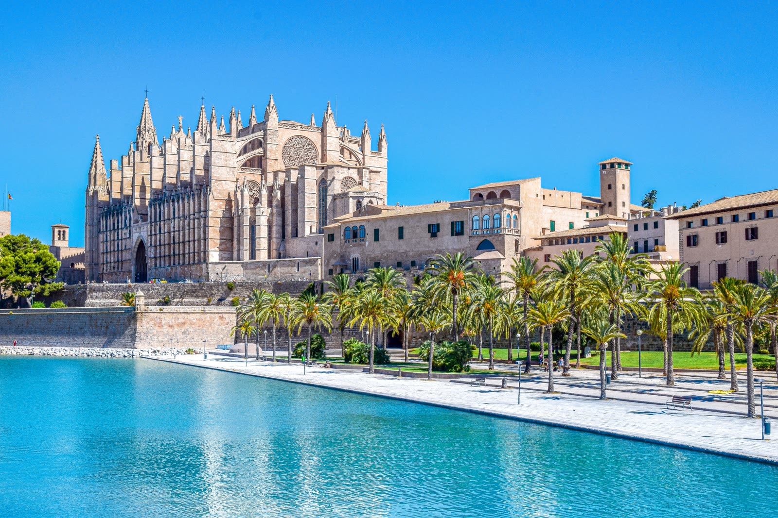 Palma de Mallorca Cathedral La Seu overlooking the Bay of Palma with boats, Balearic Islands, Spain