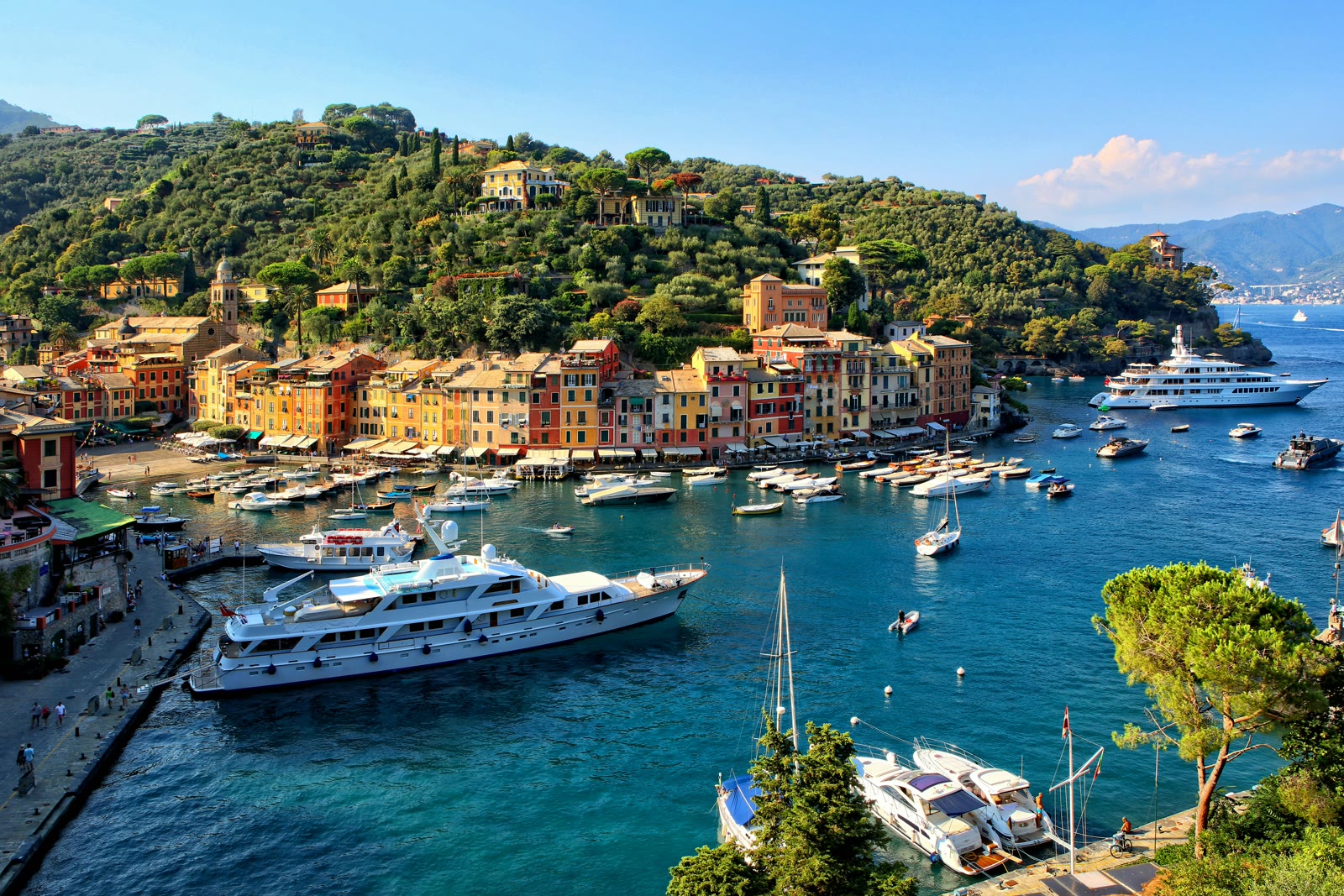 White yacht at the harbor near Portofino village, Liguria, Italy