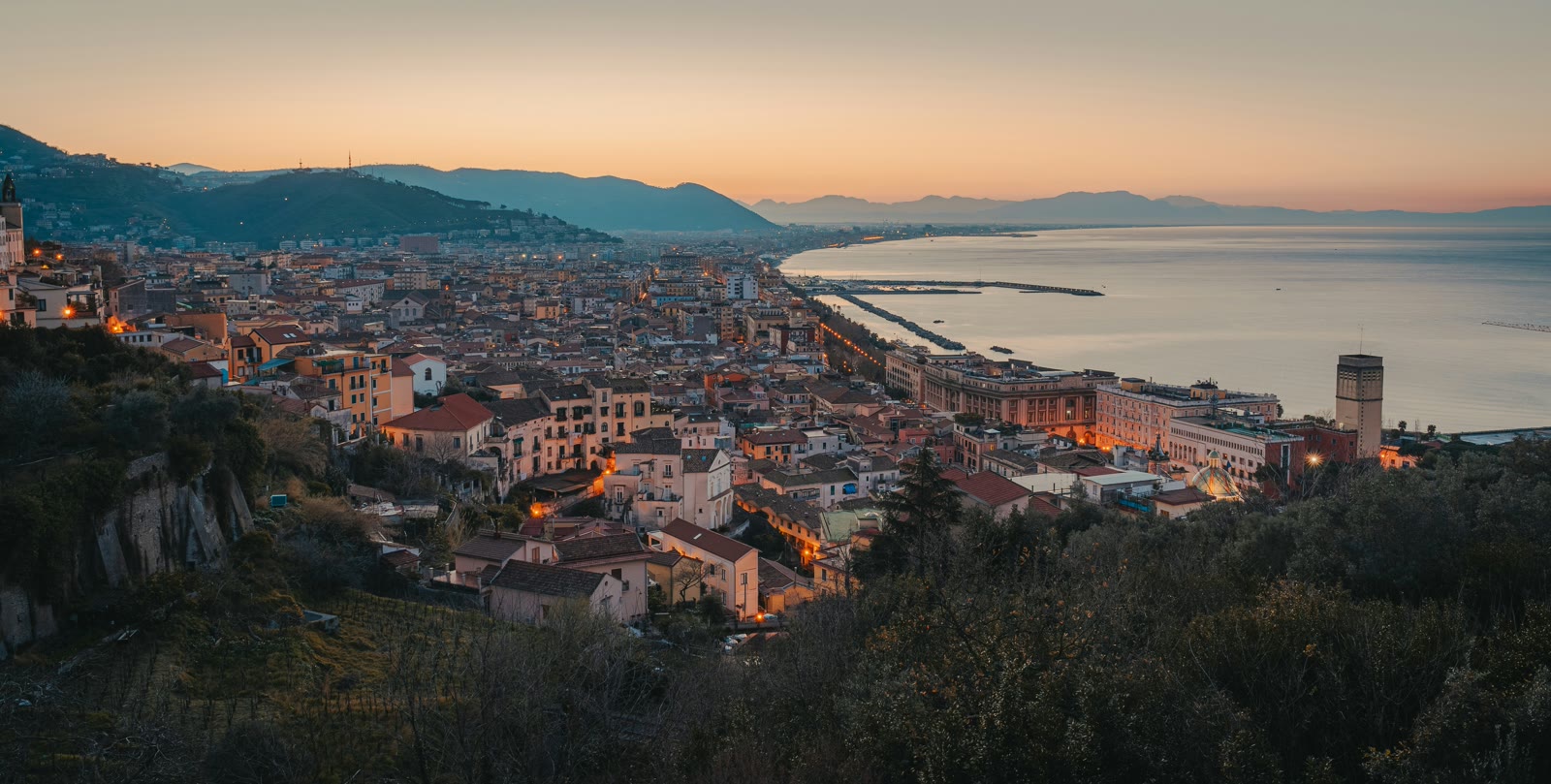 View of Salerno city with mountains in the background, Campania, Italy