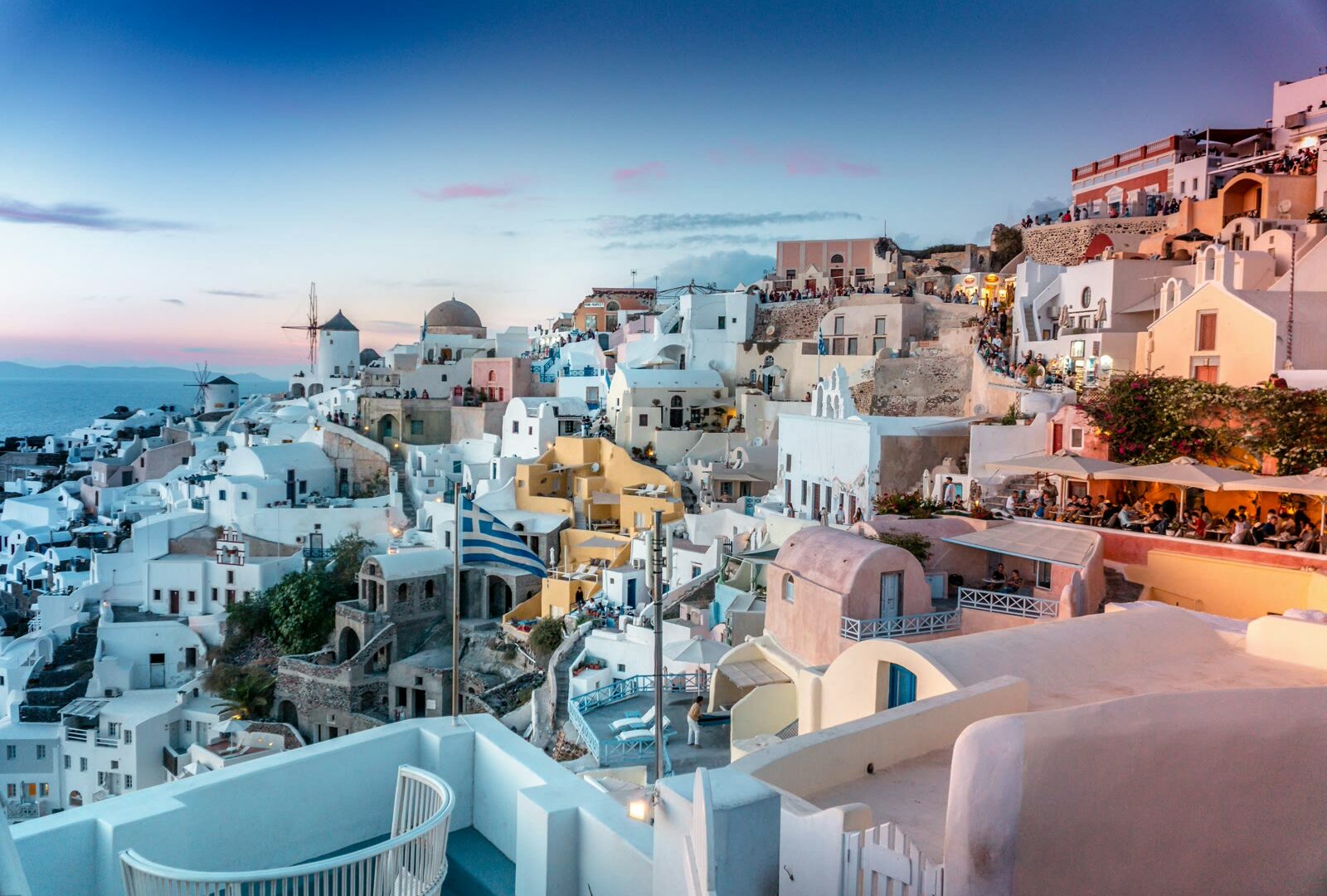 Santorini iconic blue domes with Aegean Sea, Cyclades, Greece