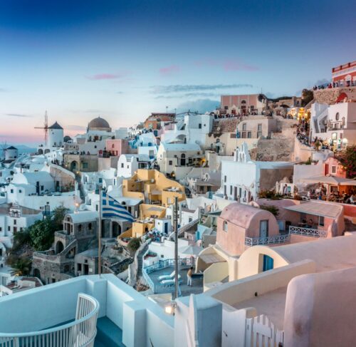 Santorini iconic blue domes with Aegean Sea, Cyclades, Greece