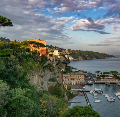Panoramic view of Sorrento harbor with boats in Marina Piccola, Campania, Italy