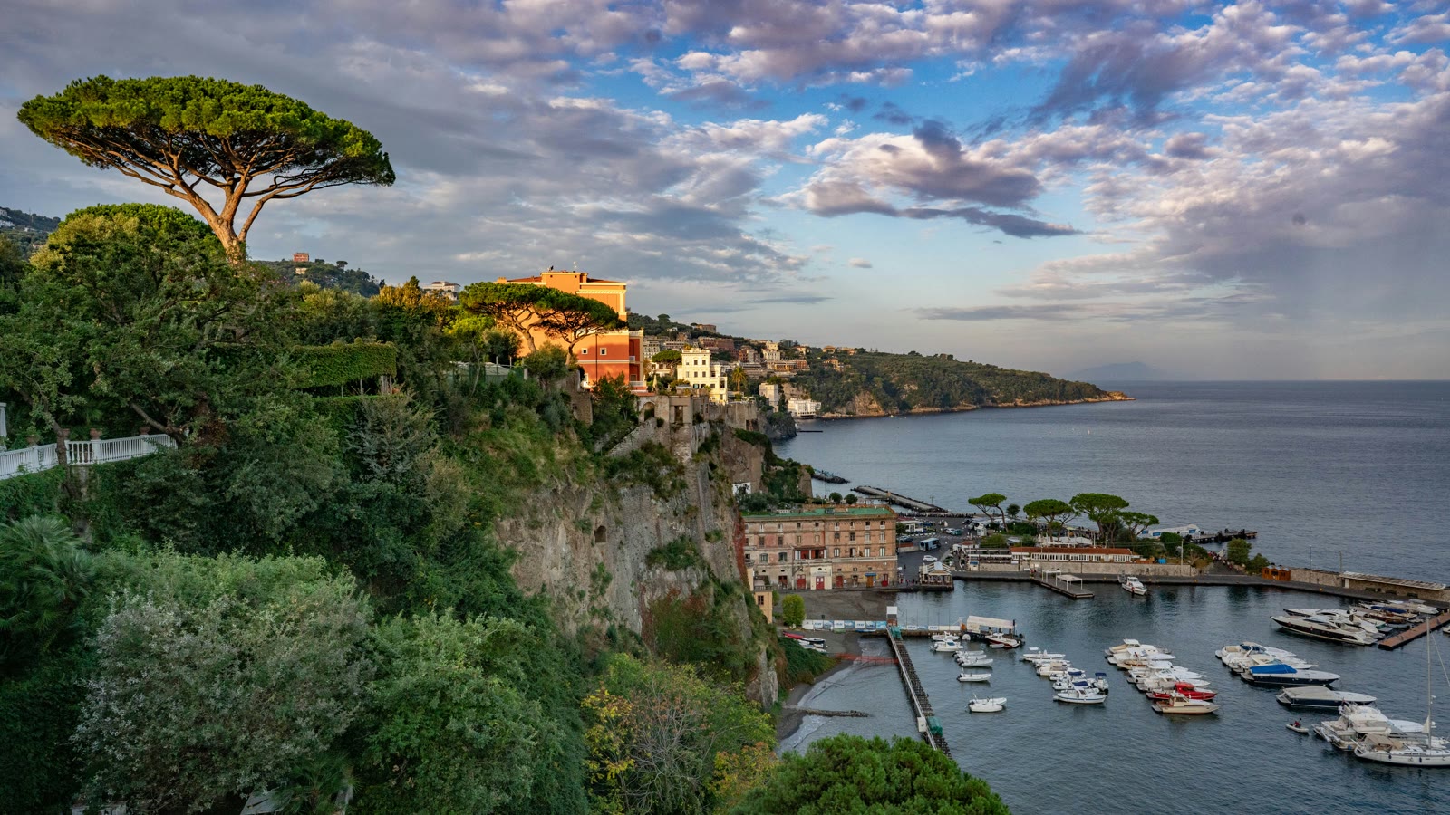 Panoramic view of Sorrento harbor with boats in Marina Piccola, Campania, Italy