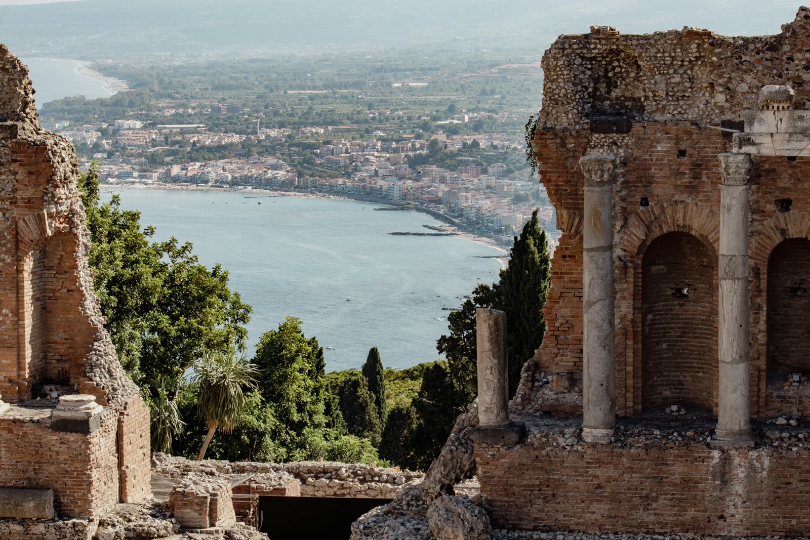 View of the Ionian Sea from the ancient Greek Theatre of Taormina, Sicily, Italy