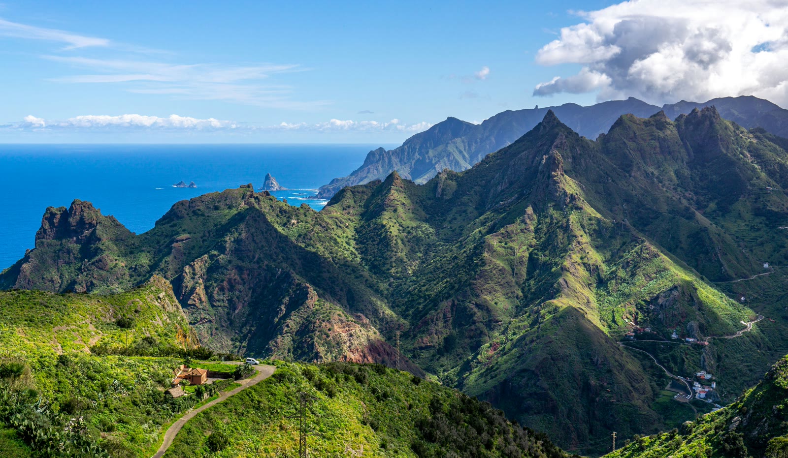 Panoramic view of mountains and the Atlantic Ocean in Tenerife, Canary Islands, Spain