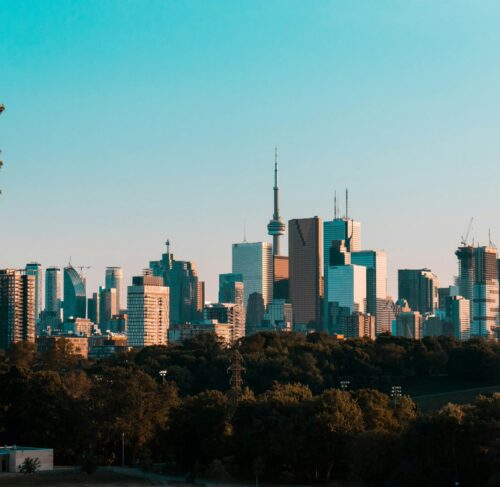 Toronto skyline with downtown high-rise buildings on a clear day, Ontario, Canada