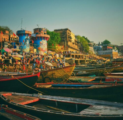 Boats at the ghats along the Ganges River in Varanasi, Uttar Pradesh, India